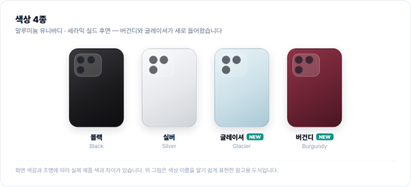 아이폰 18 프로 맥스 색상 4종 - 블랙, 실버, 글레이셔, 버건디